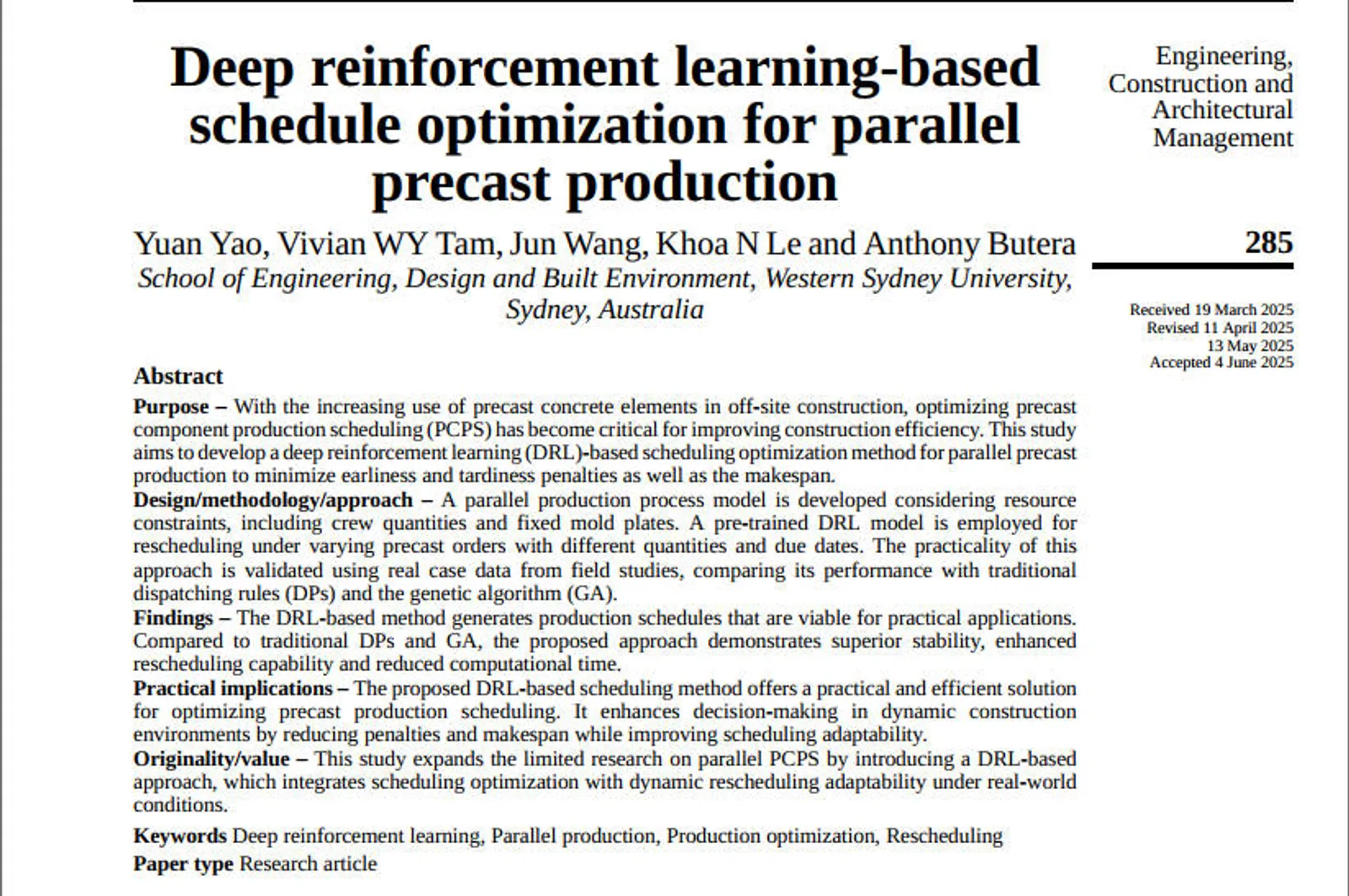 Cover for Deep reinforcement learning-based schedule optimization for parallel precast production